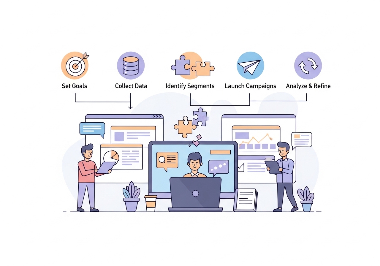 A flowchart showing the five steps to implement a behavioral segmentation marketing strategy, from setting goals to refining campaigns.