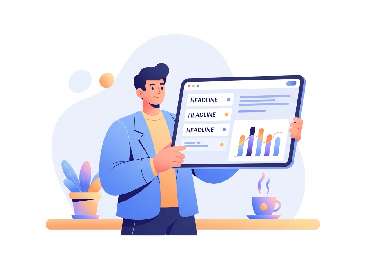 An illustration showing a person reading influencer marketing reports on a tablet.