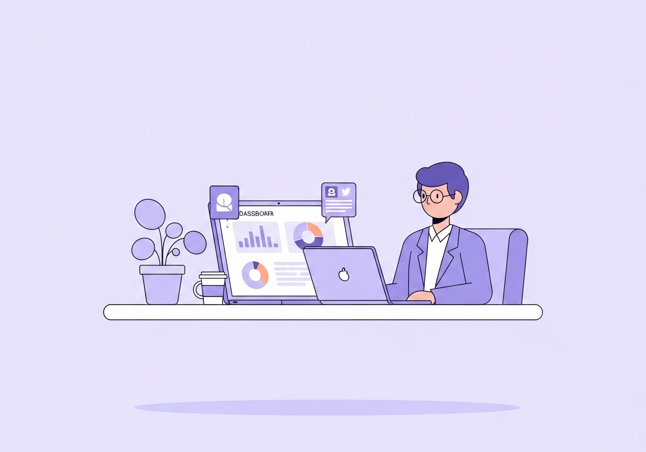 A marketing professional reviewing influencer marketing news and data on a laptop.