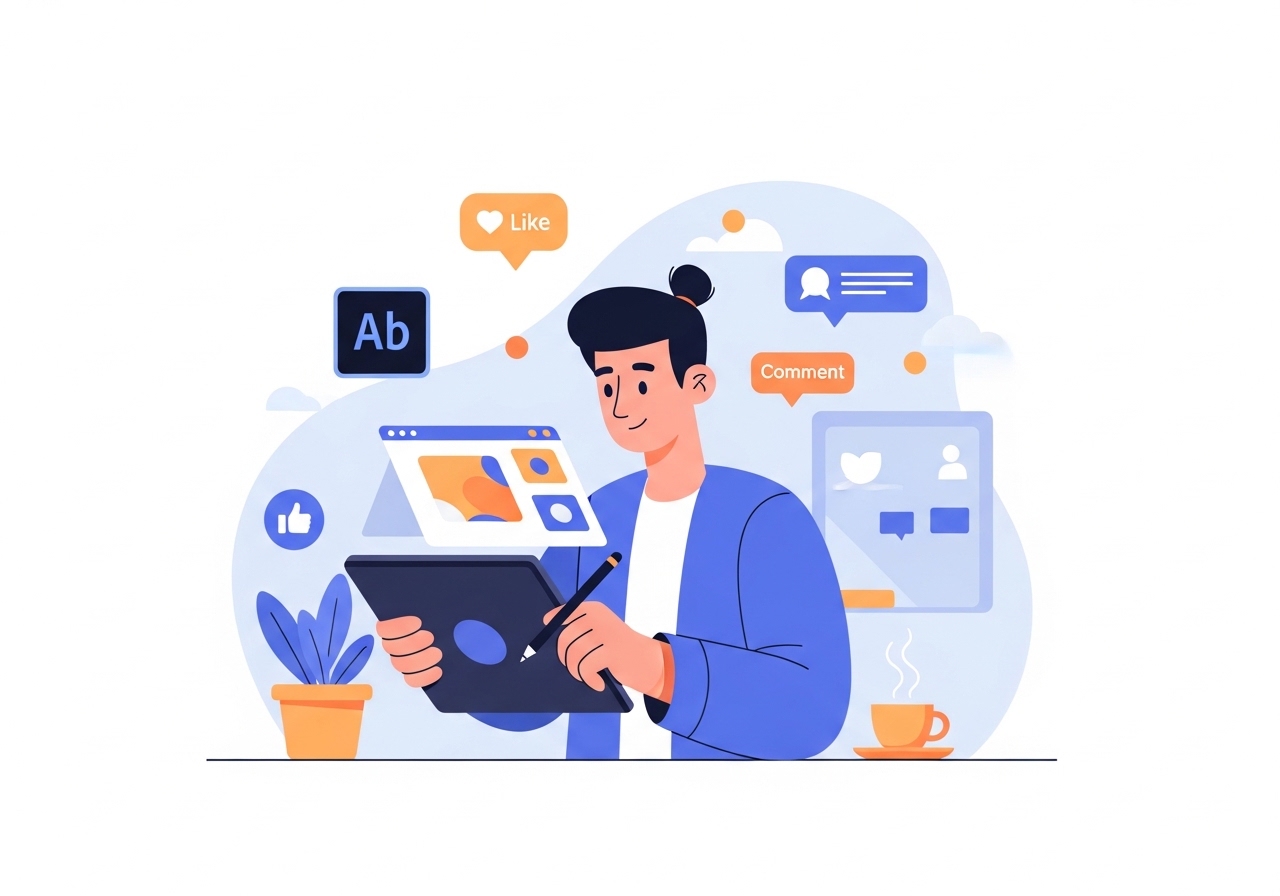 A vector drawing showing an influencer creating content, representing an effective influencer marketing social media campaign.