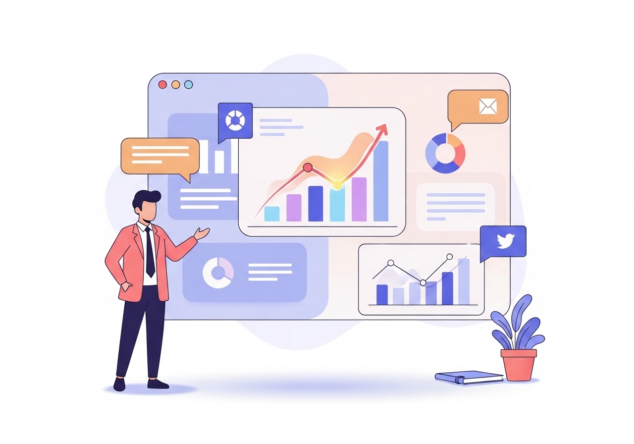 Vector graphic showing analytics and positive ROI charts from an influencer marketing campaign.