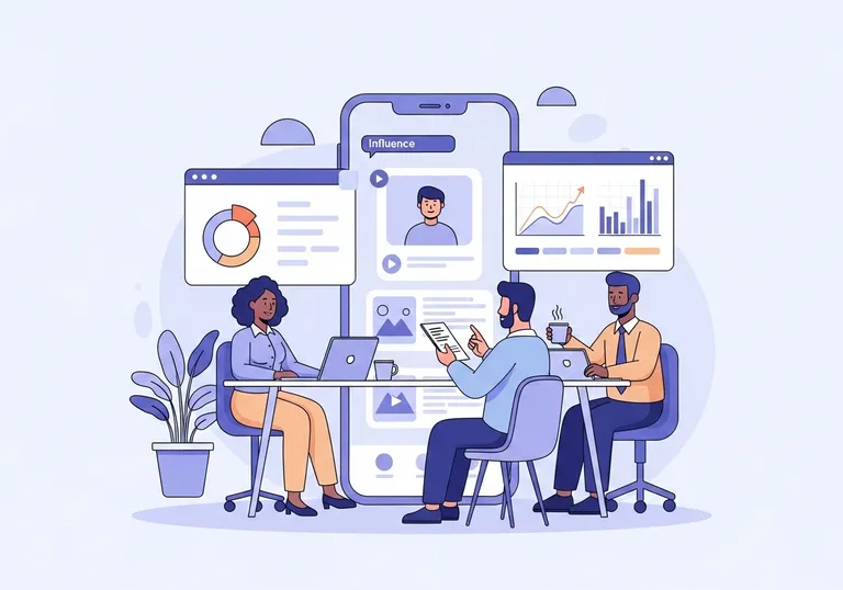 Digital illustration of a team planning an Instagram influencer marketing campaign on a laptop and smartphone.