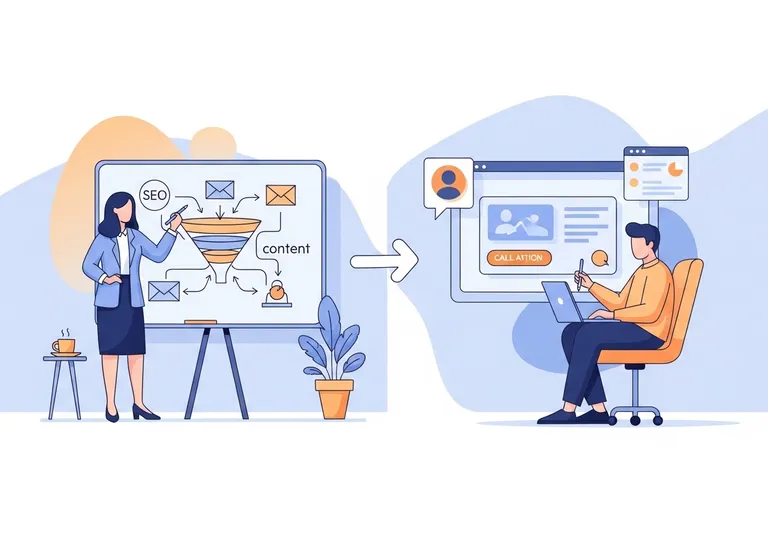 An illustration comparing marketing vs advertising, showing a strategic funnel on one side and a tactical ad campaign on the other.
