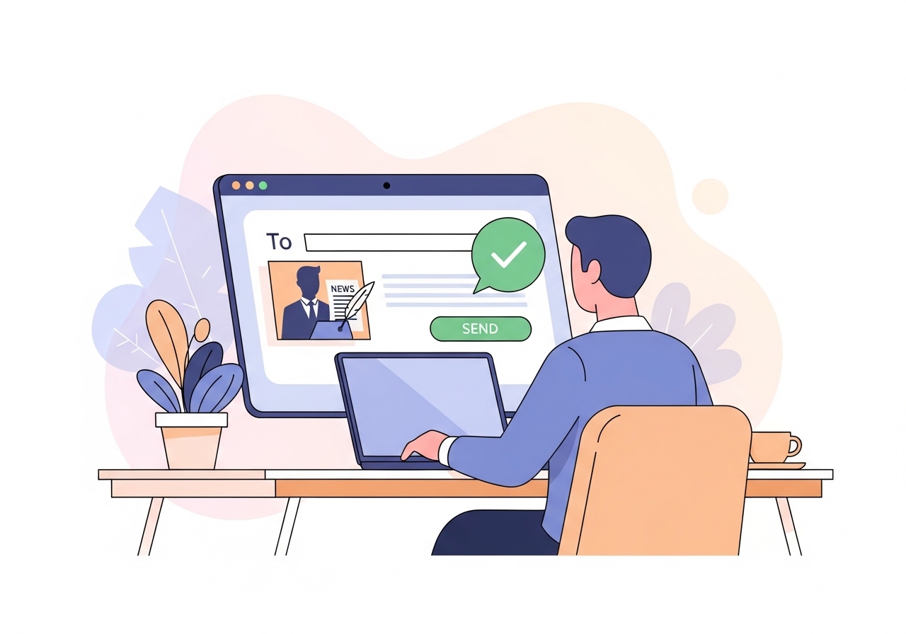 An illustration of a marketer sending a successful media pitch email on a laptop, demonstrating a media pitch example.