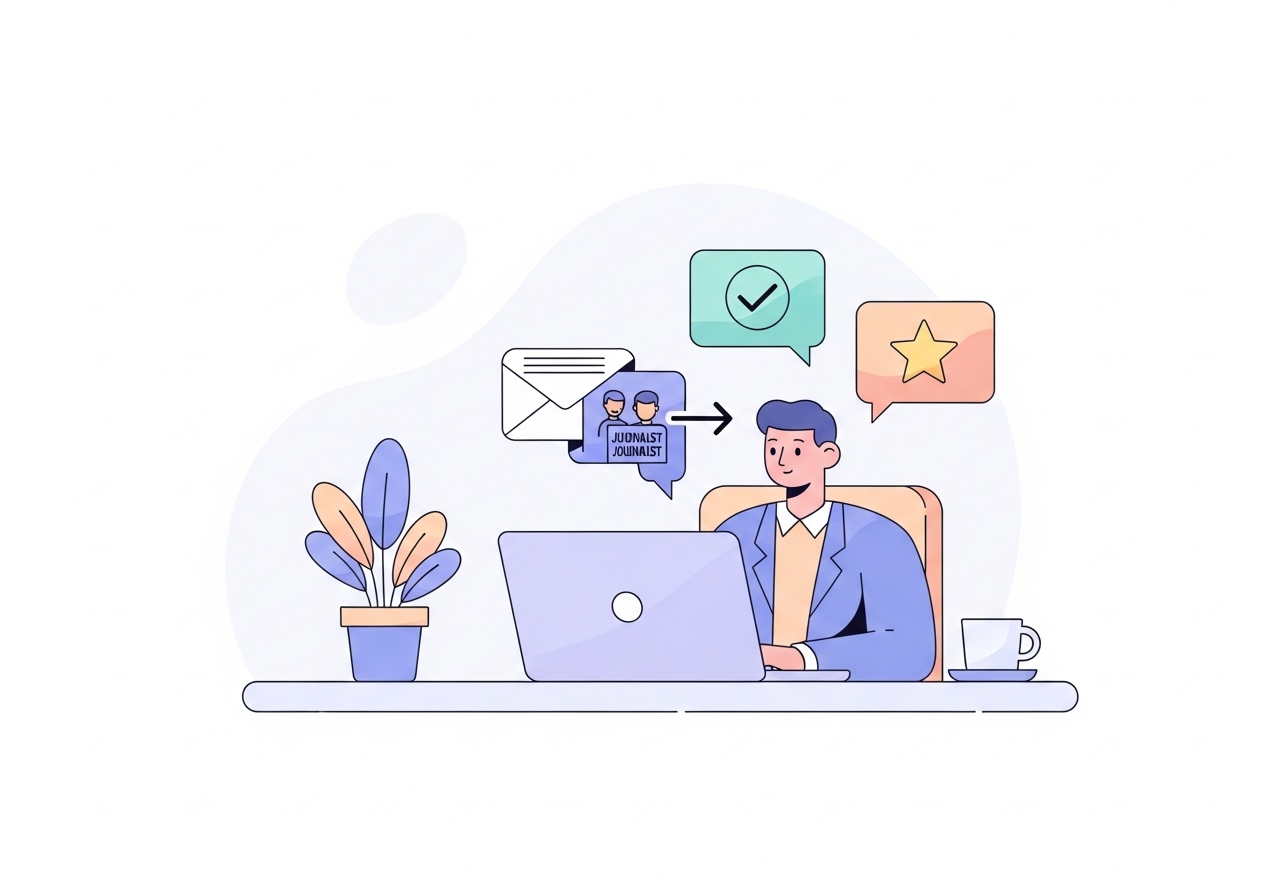 Illustration of a professional sending a media pitch email from a laptop, representing a successful outreach strategy.