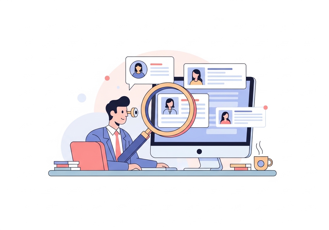 Illustration of a person researching journalists online before writing a media pitch.