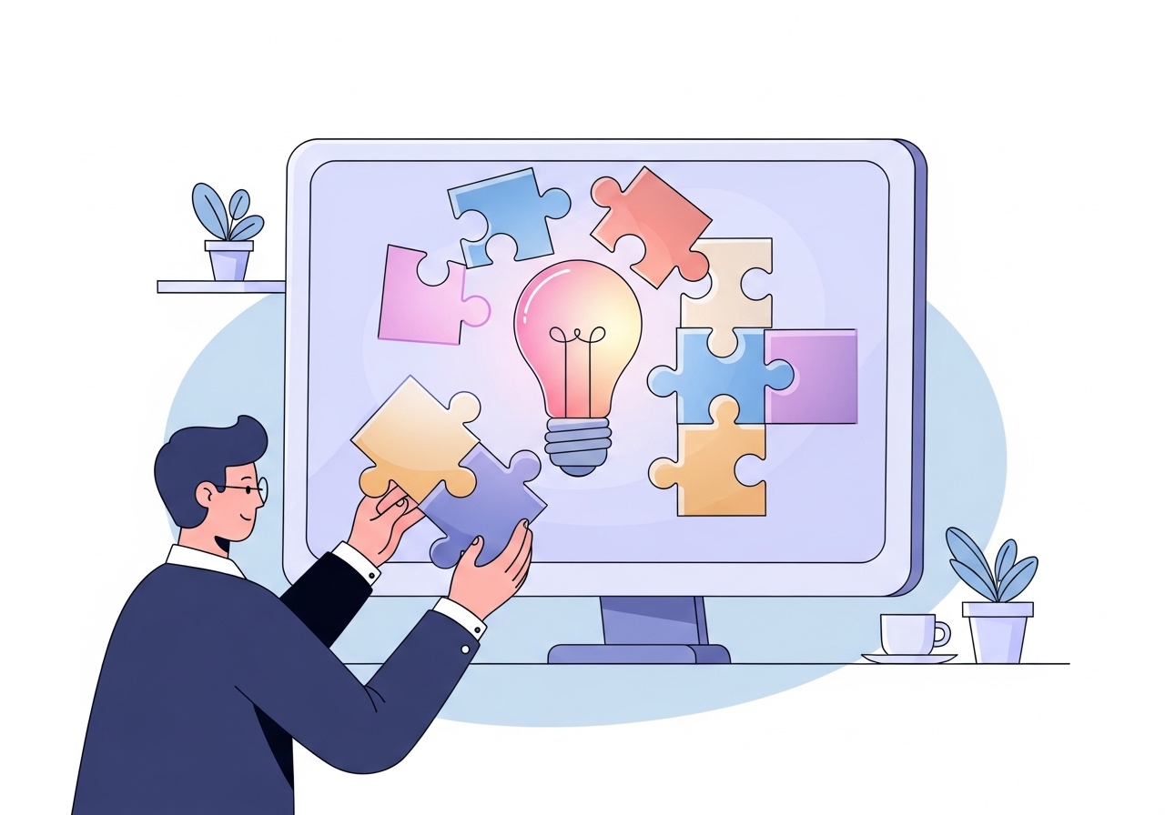 Vector art showing a clear story angle being assembled like a puzzle for a media pitch.