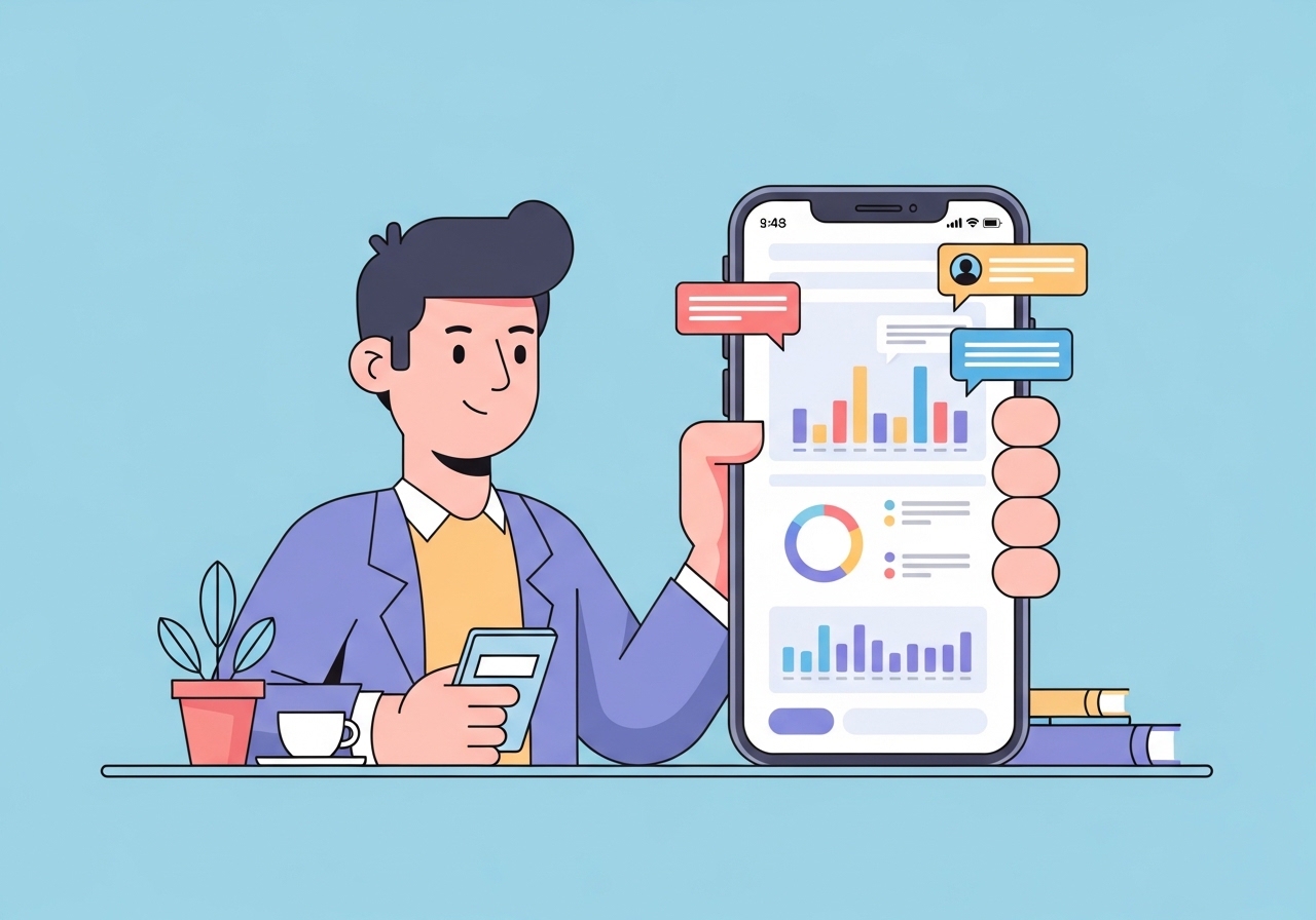 An illustration showing a user engaging with a personalized data storytelling campaign on their phone, similar to Spotify Wrapped.