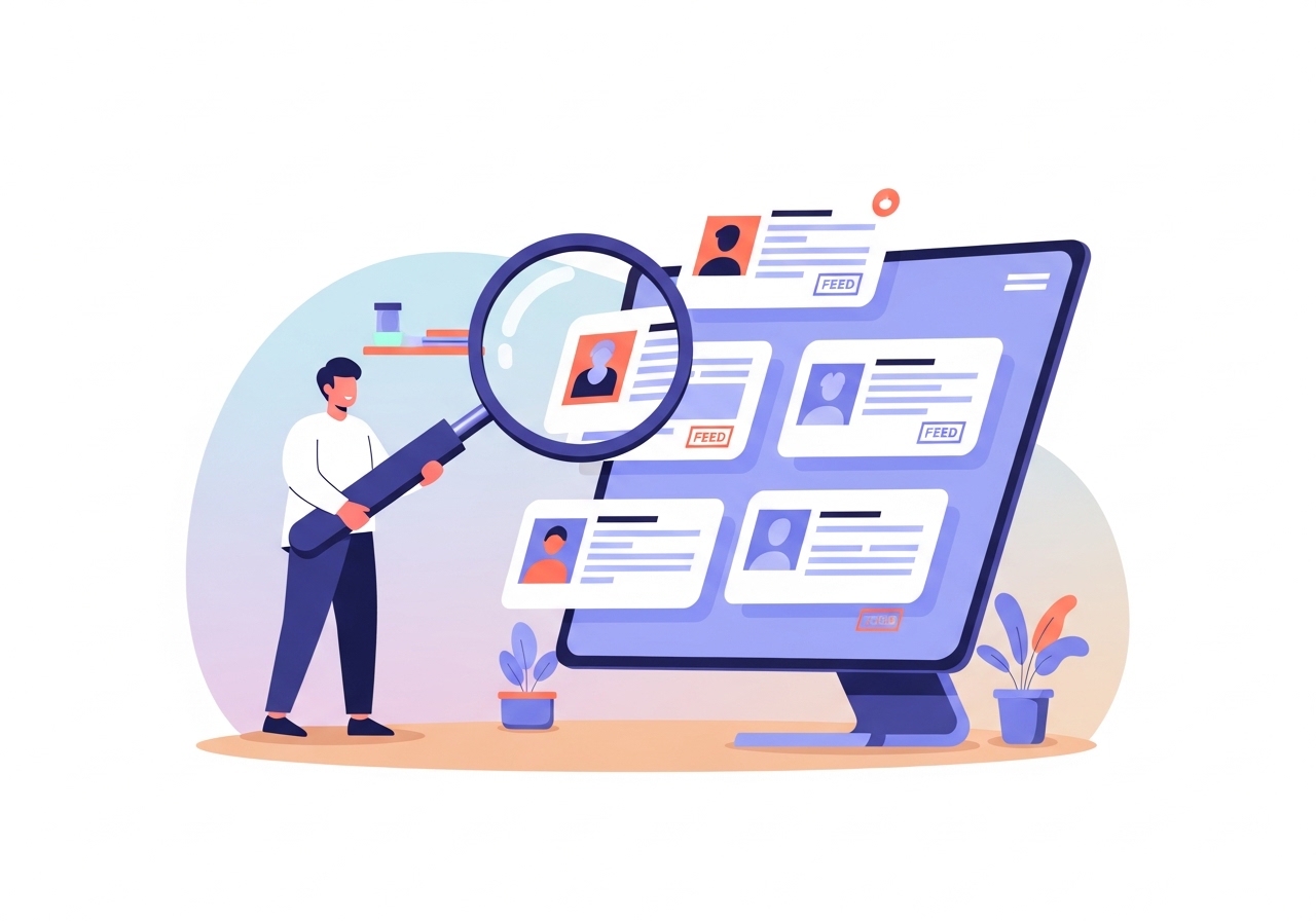 Illustration showing the process of researching and identifying the right journalist for a media pitch.
