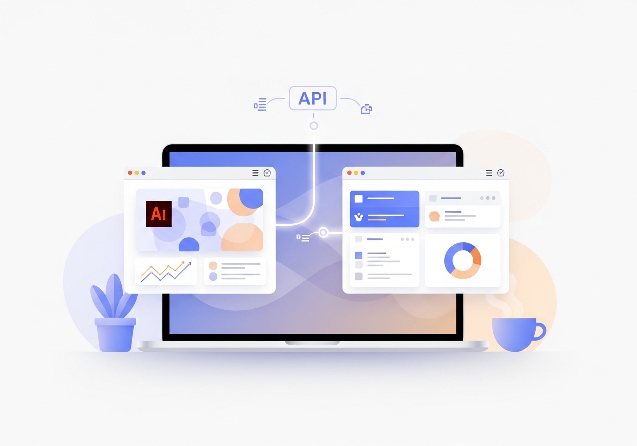Illustration of two SaaS platforms integrating, representing the Adobe and HubSpot B2B co-branding partnership.