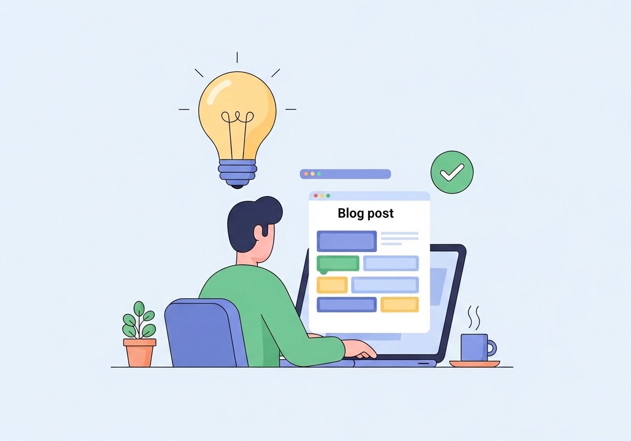 Illustration of a content creator writing an SEO-optimized blog post that converts readers.