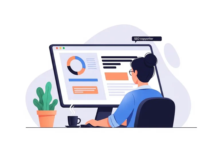 A digital illustration of an SEO copywriter working at a computer with data charts, representing content strategy.