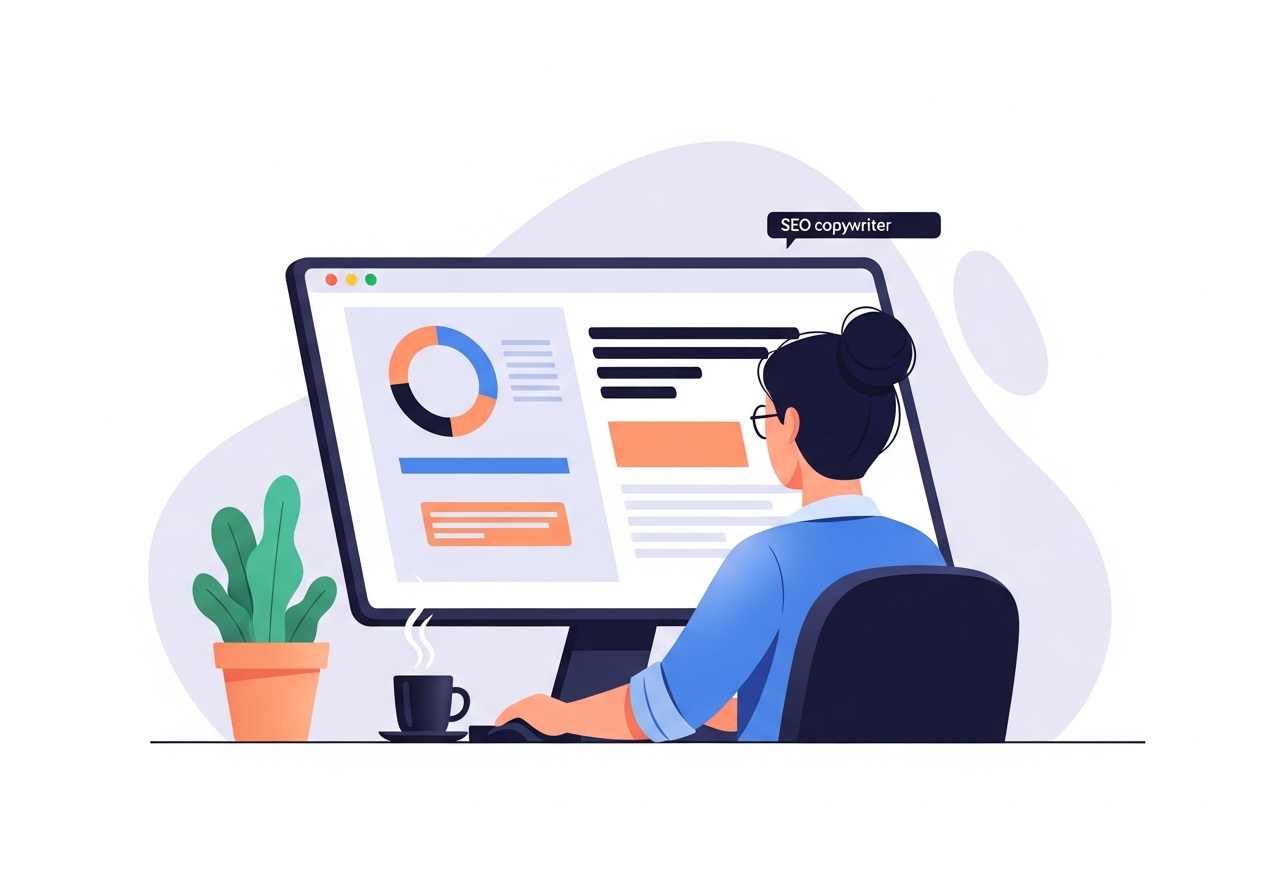 A digital illustration of an SEO copywriter working at a computer with data charts, representing content strategy.