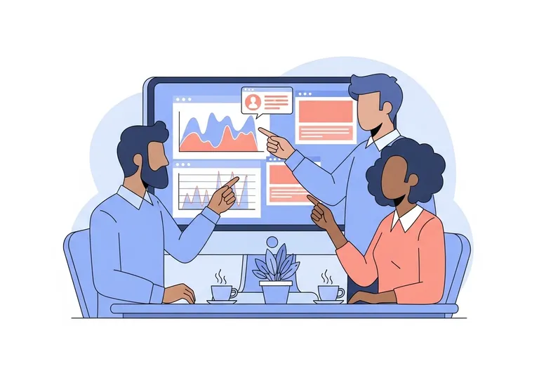 A vector illustration of a marketing team analyzing successful social media campaign examples on a large screen.