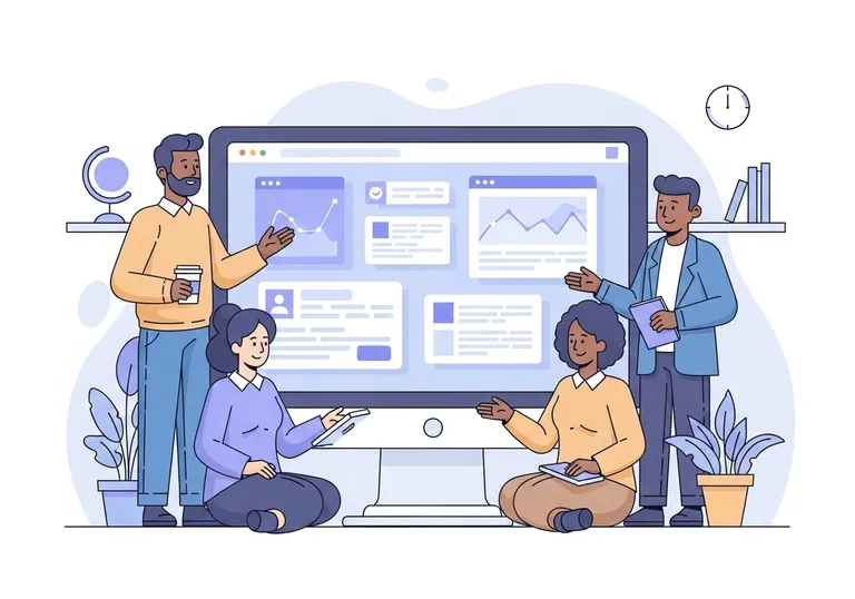A vector illustration of a marketing team analyzing social media campaign examples on a large screen.