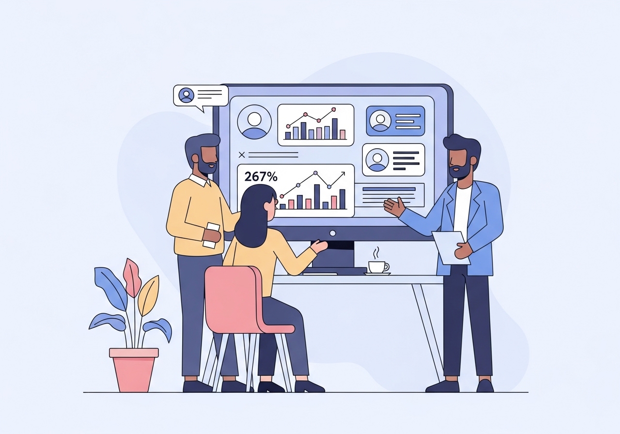 Digital illustration of a marketing team analyzing social media campaign examples on a large screen.