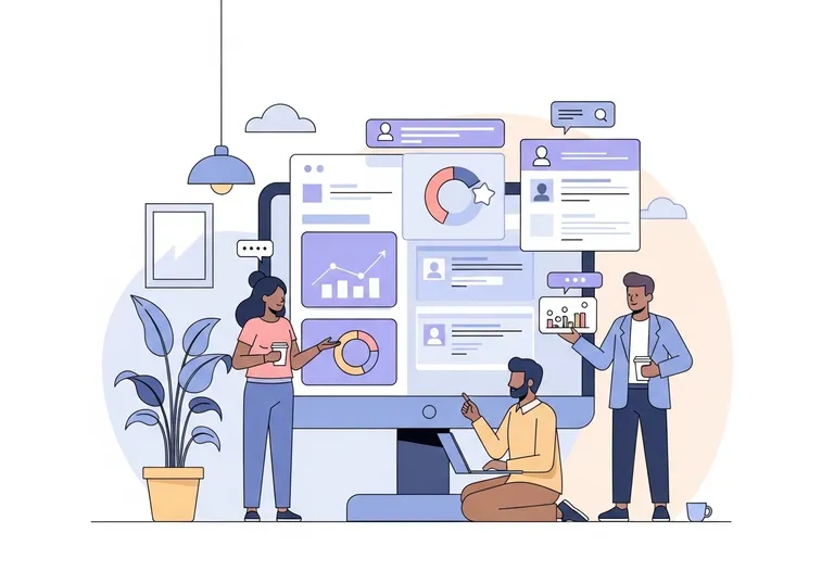 A vector illustration of a marketing team planning social media campaign examples.