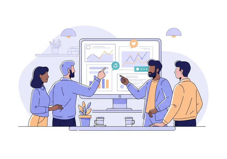An illustration of a marketing team reviewing successful social media campaign examples on a large screen.
