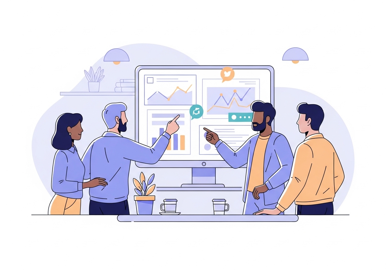 An illustration of a marketing team reviewing successful social media campaign examples on a large screen.