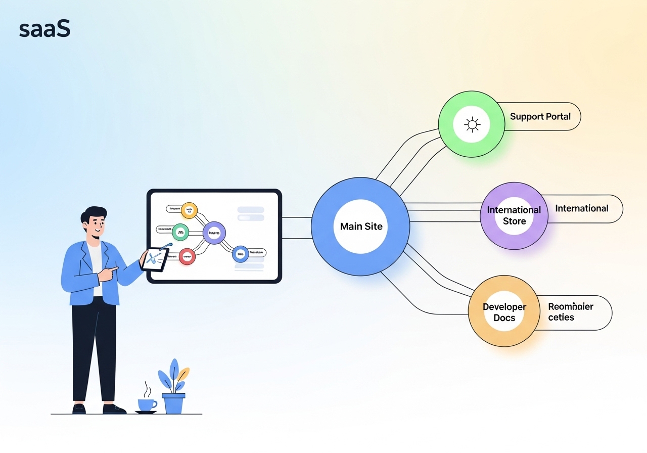 A diagram showing strategic use cases for subdomains, including support portals and international sites, to improve SEO.