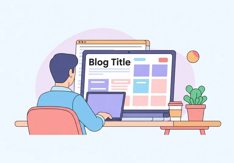 An illustration showing a person writing a blog post with clear sub heading examples on a laptop.