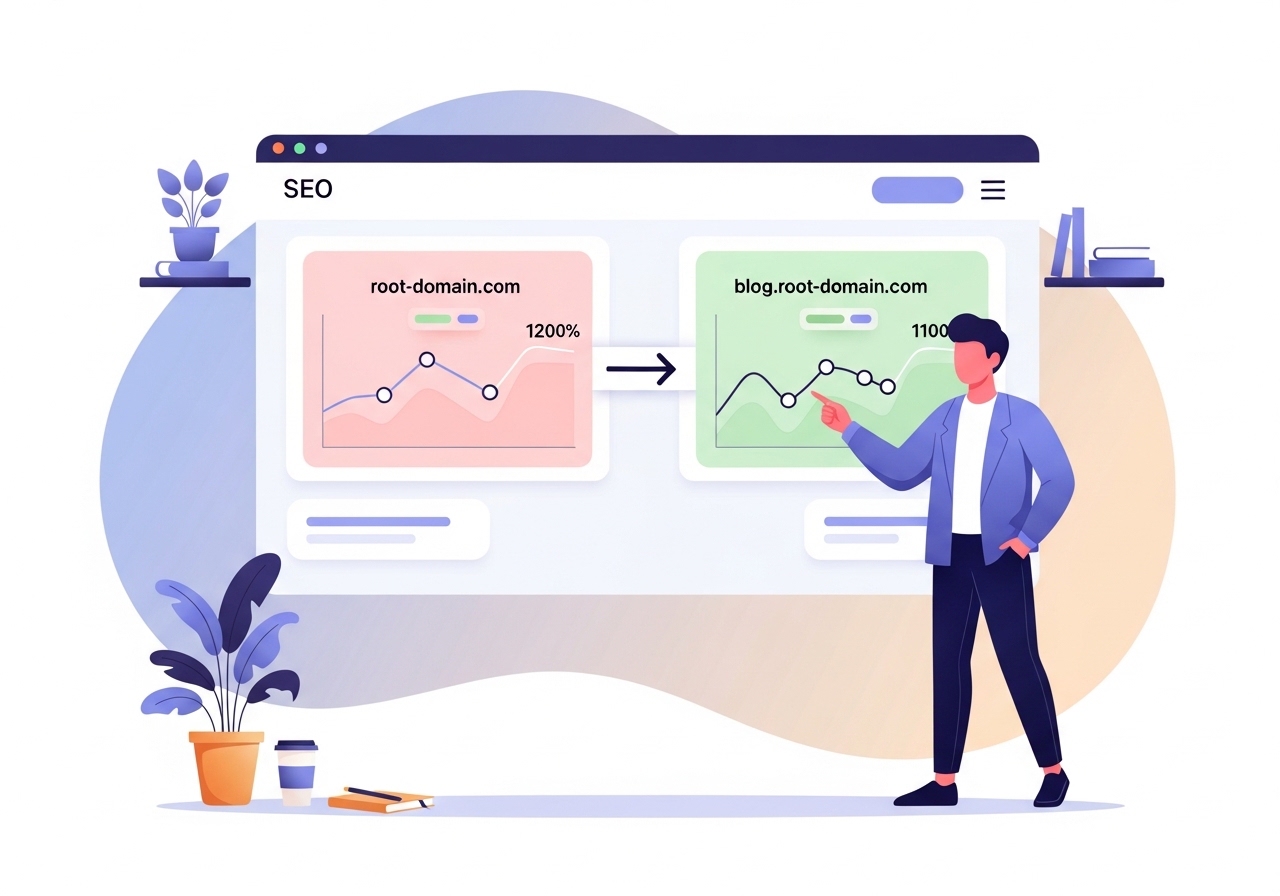 A marketer reviewing separate SEO performance reports for a root domain and a subdomain, illustrating best practices.