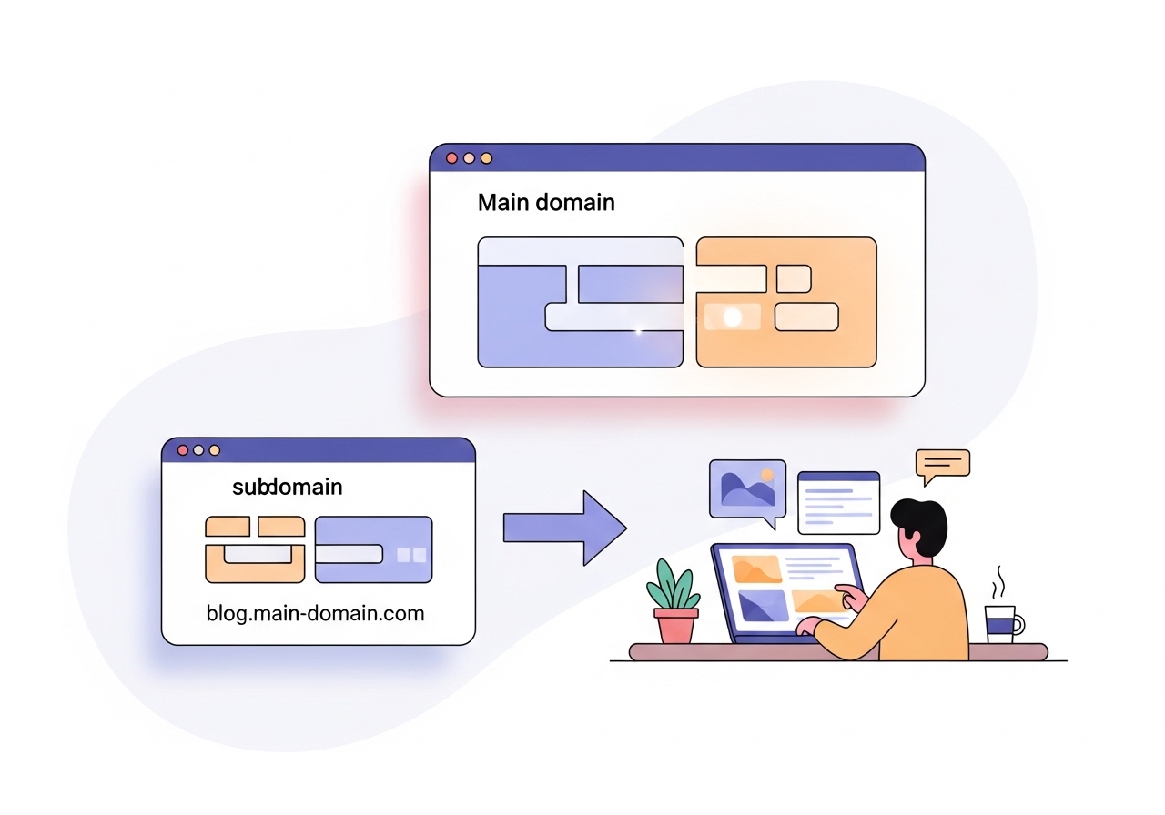 Diagram showing how subdomains and SEO are related, with separate link authority between the main domain and the subdomain.