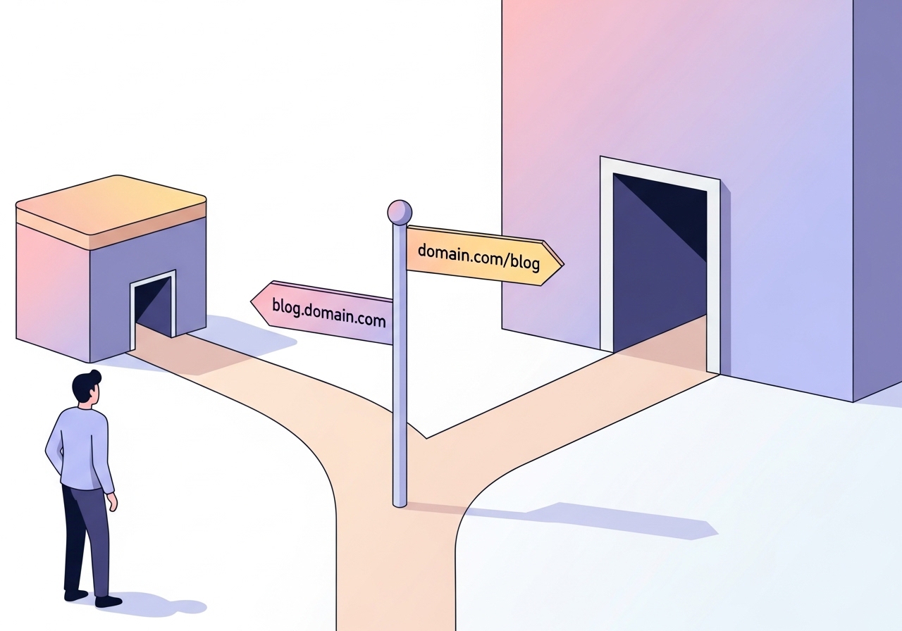 An illustration of a marketer choosing between a subdomain and a subdirectory path for their website's SEO.
