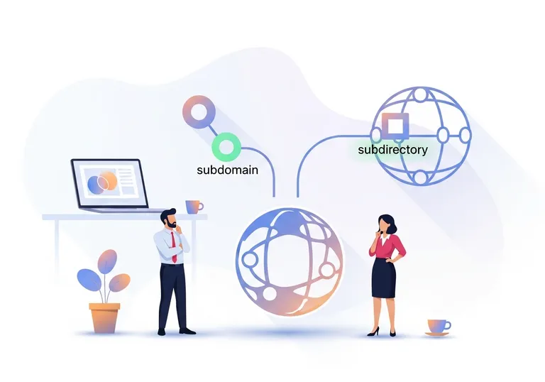 Illustration of a marketer choosing between a subdomain and a subdirectory path for SEO purposes.