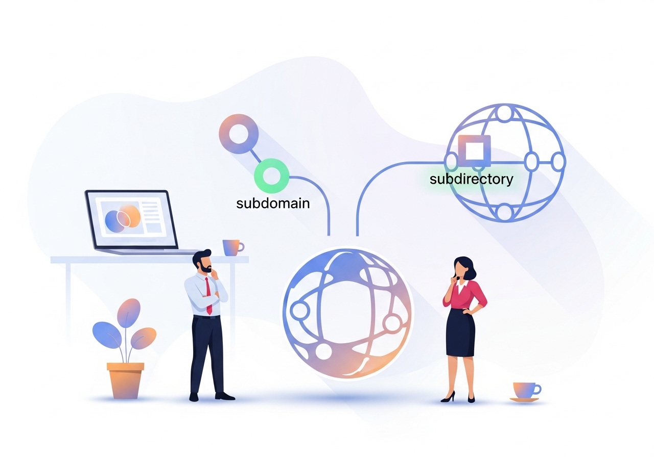 Illustration of a marketer choosing between a subdomain and a subdirectory path for SEO purposes.