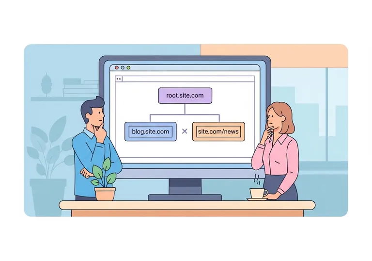 An illustration showing two marketers deciding between subdomains and subdirectories for SEO site structure.