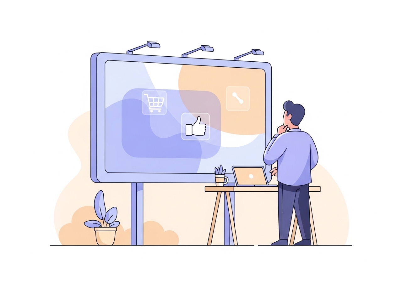 An illustration of a marketer analyzing an ad with faint, hidden icons, representing subliminal messages in advertising.