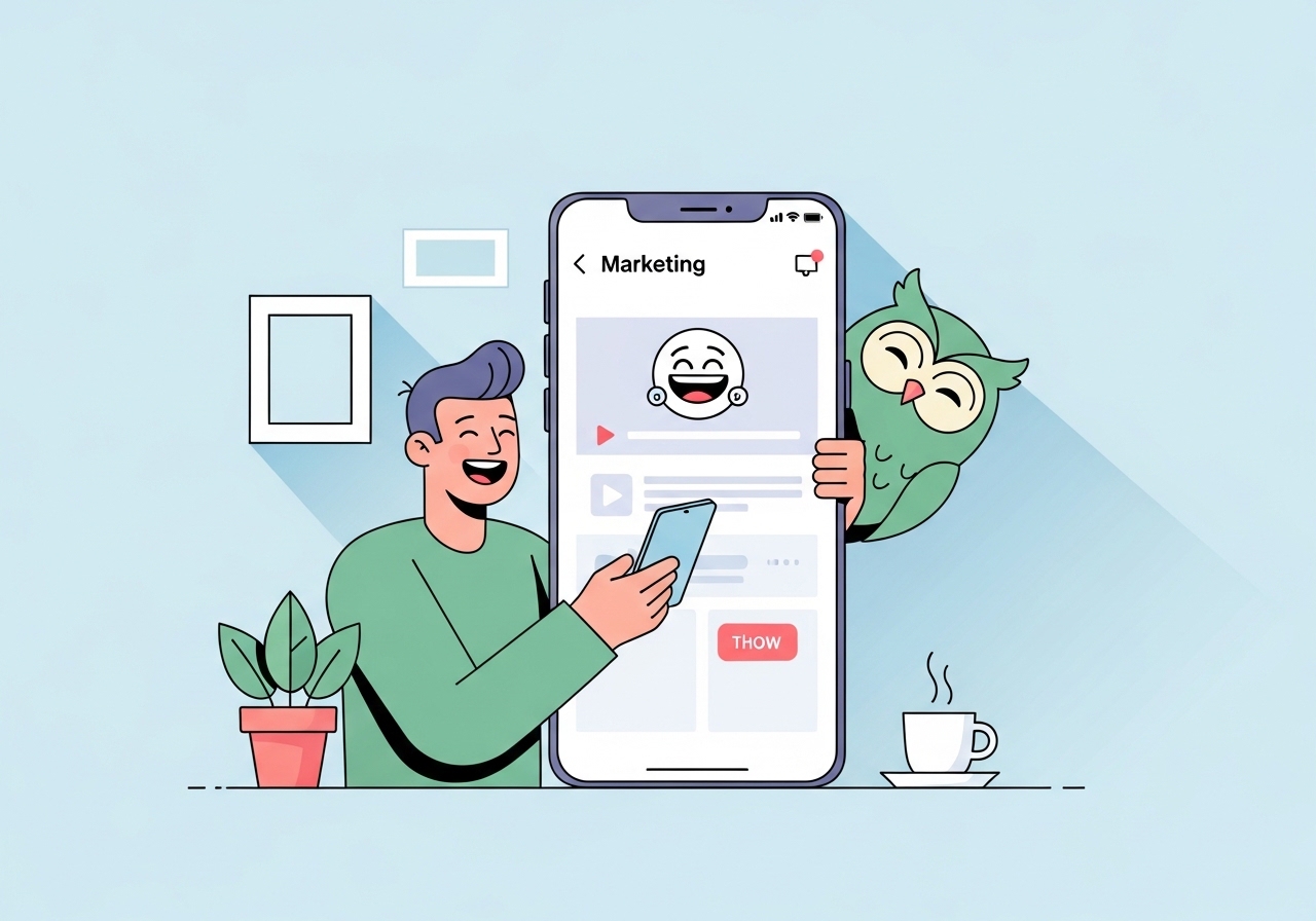 Illustration of a marketer enjoying a humorous TikTok social media campaign on a smartphone.