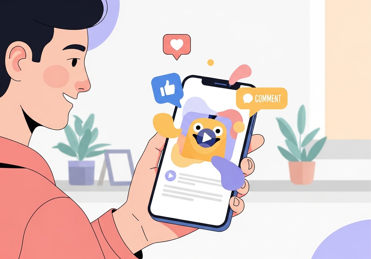 Illustration of a user enjoying a humorous, brand-led TikTok campaign on their smartphone.