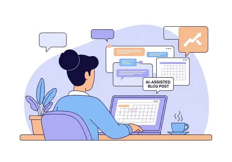 A marketing professional using AI to write a blog post, illustrated in a modern vector style.