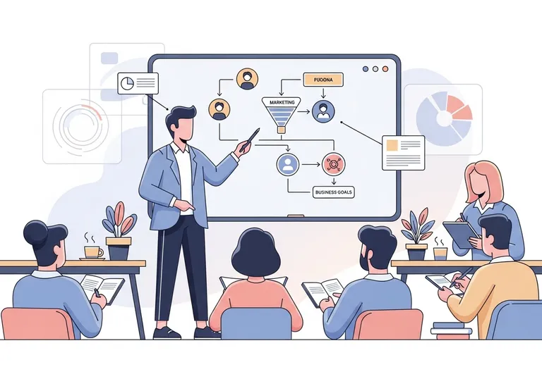 Illustration of a marketing strategist explaining a plan on a digital whiteboard to their team.