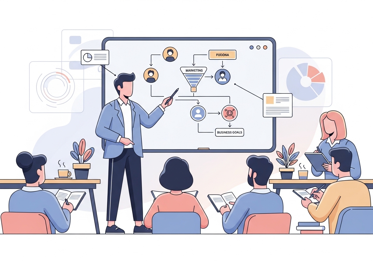 Illustration of a marketing strategist explaining a plan on a digital whiteboard to their team.
