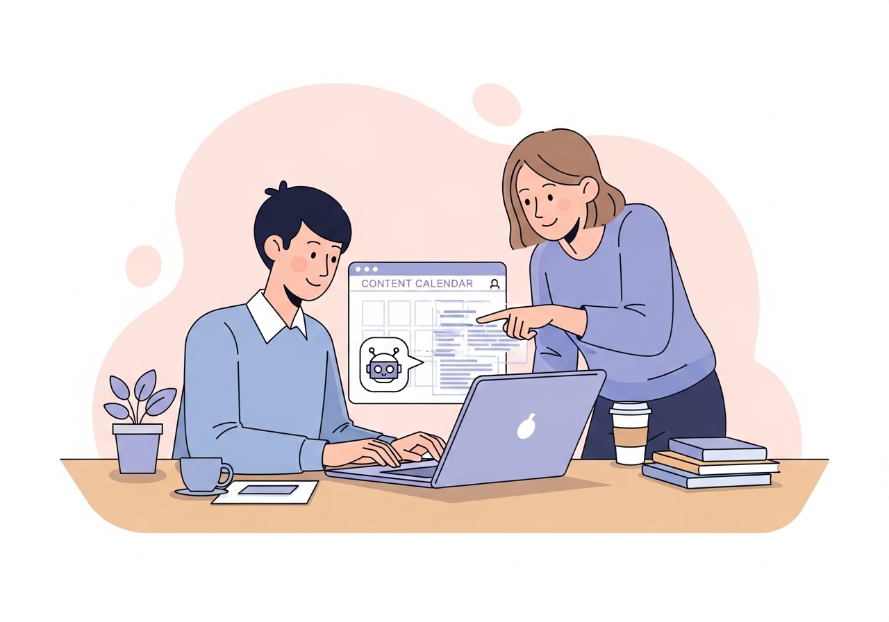 Content creators collaborating with an AI assistant to produce high-quality, authentic blog posts.