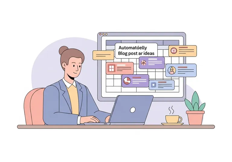 A marketing professional using a laptop to manage an automated AI content creation calendar, illustrated in a modern vector style.