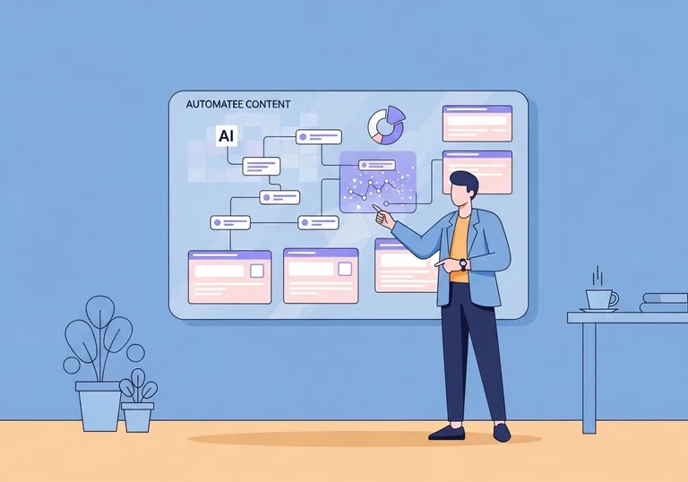 An illustration of an AI content strategist managing an automated content creation process on a large digital screen.