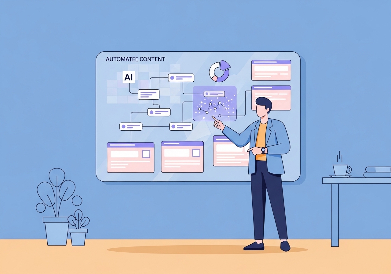 An illustration of an AI content strategist managing an automated content creation process on a large digital screen.