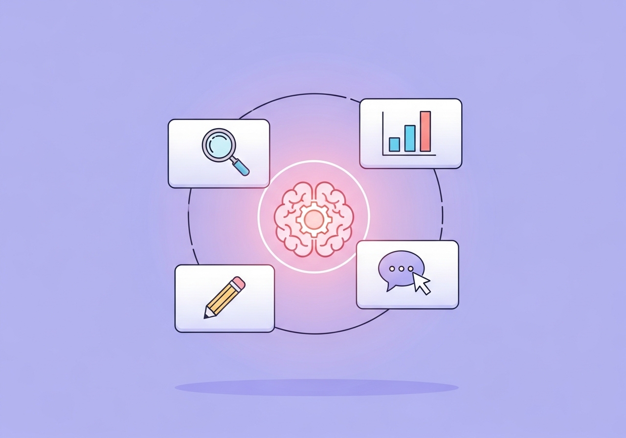 A vector diagram showing the key skills for AI content strategist jobs, including SEO, data analysis, and editing.