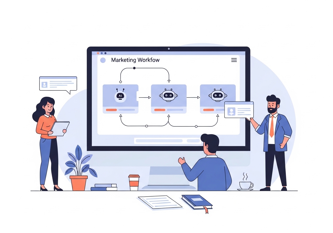 An illustration of a marketing dashboard where different AI agents automate content creation, data analysis, and scheduling.