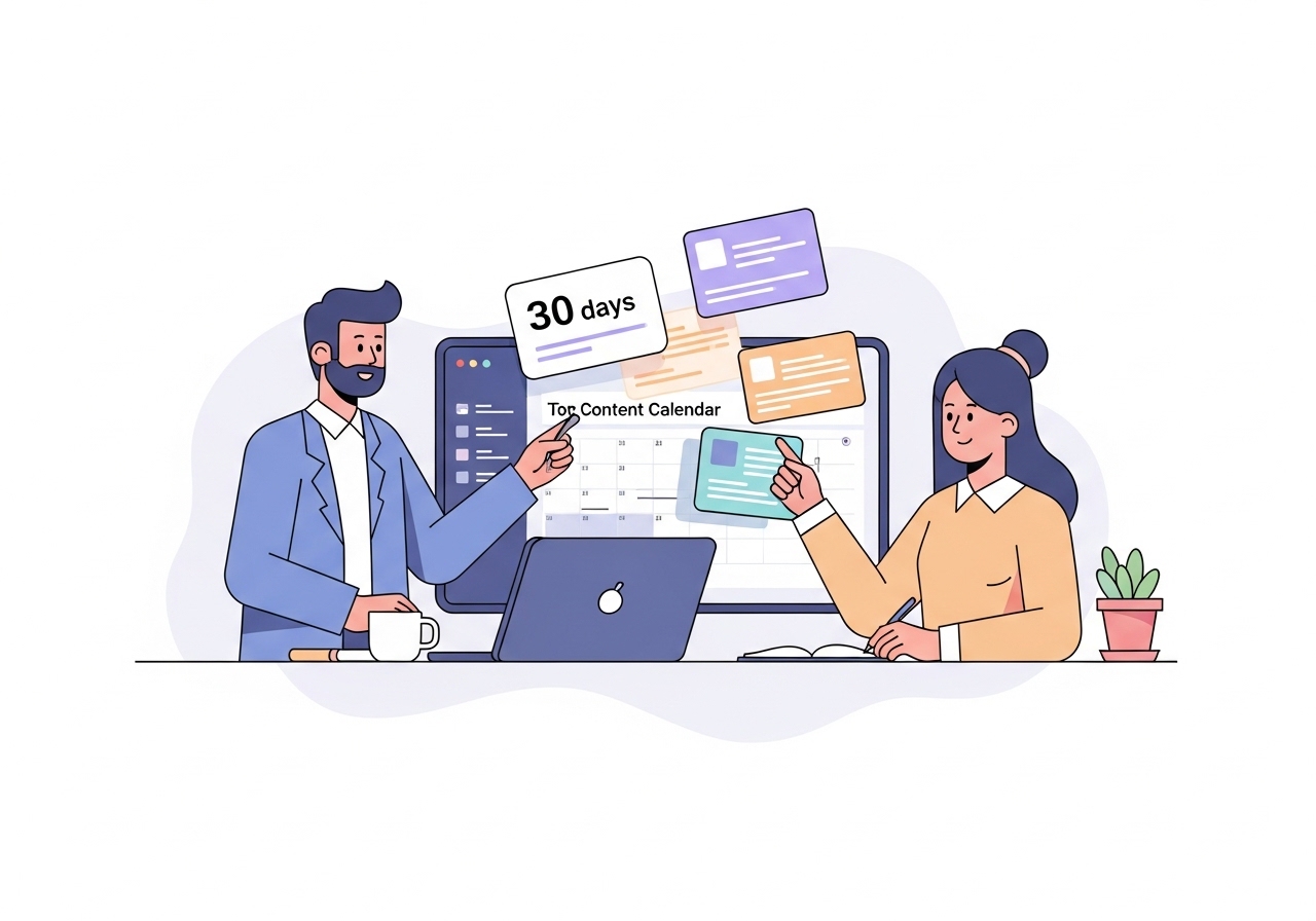 An illustration of a small marketing team efficiently managing an automated content calendar on a laptop.