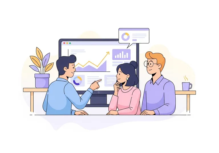 Illustration of a marketing team using AI SEO services to analyze data on a large screen, showing business growth.