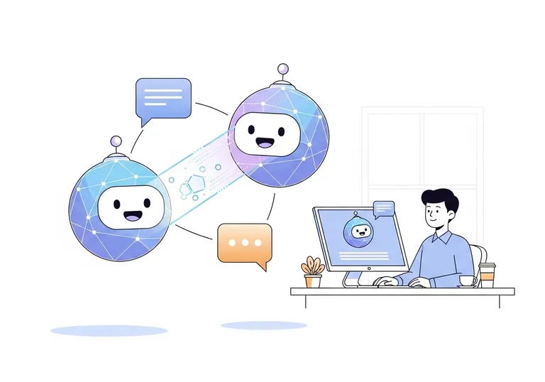 An illustration showing two AI bots talking to each other, representing how autonomous AI systems collaborate on marketing tasks.