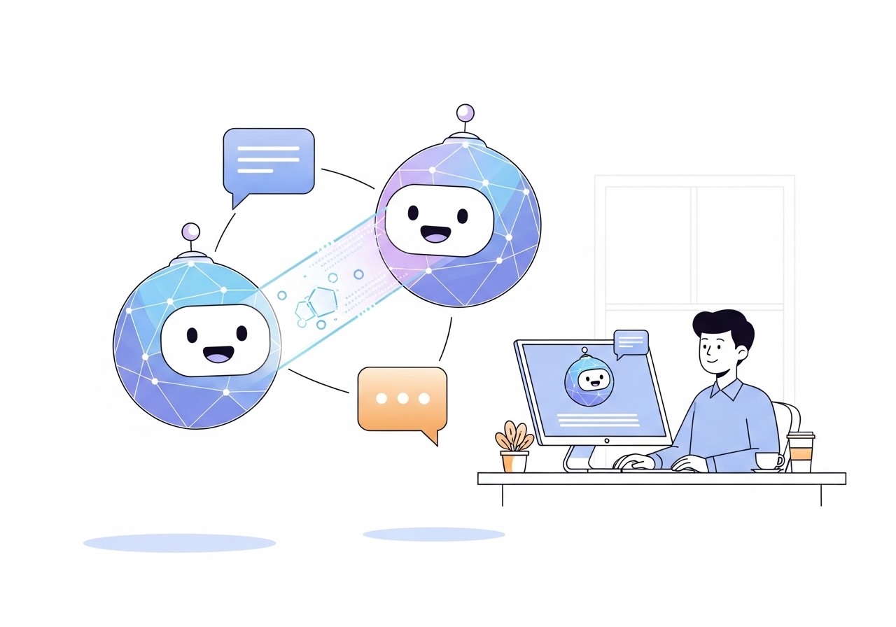 An illustration showing two AI bots talking to each other, representing how autonomous AI systems collaborate on marketing tasks.