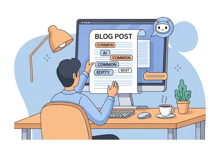 A marketer using an AI tool to review and refine AI words in a blog post for better content quality.