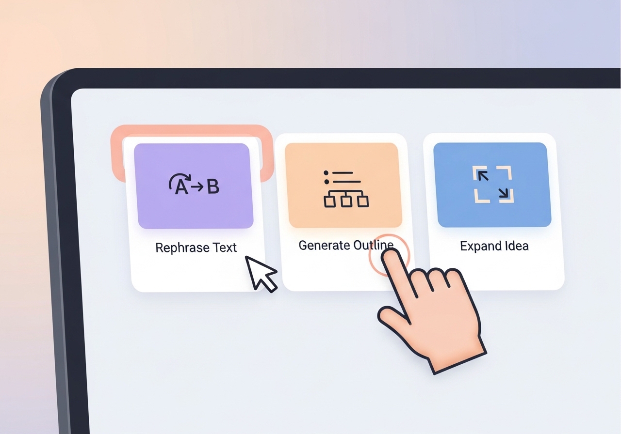 Illustration of an AI writing assistant's dashboard with options to generate outlines and rephrase text.