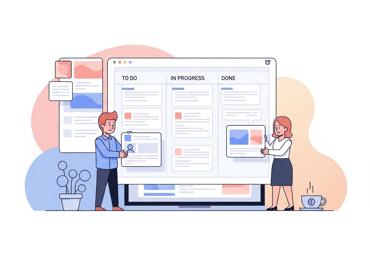 Illustration showing a team collaborating on a project board in Asana, a tool for organizing and tracking work.